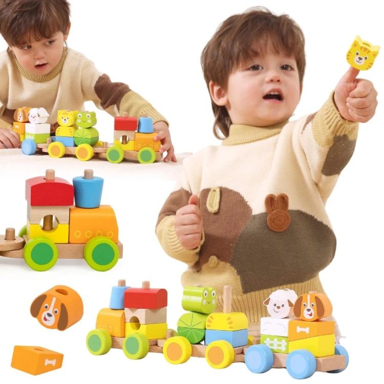 Drewniany pociąg do układania z motywem farmy marki Viga Toys, ukazujący lokomotywę i wagoniki
