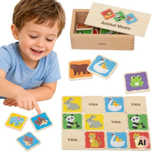 Drewniana gra pamięciowa Memo Zwierzątka od Viga Toys – zestaw 24 kolorowych kafelków w drewnianym pudełku