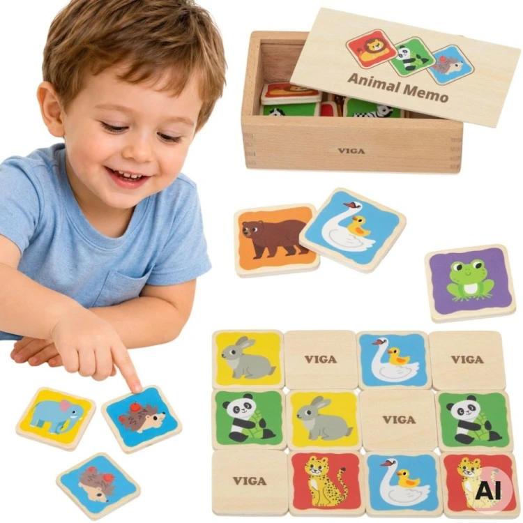 Drewniana gra pamięciowa Memo Zwierzątka od Viga Toys – zestaw 24 kolorowych kafelków w drewnianym pudełku
