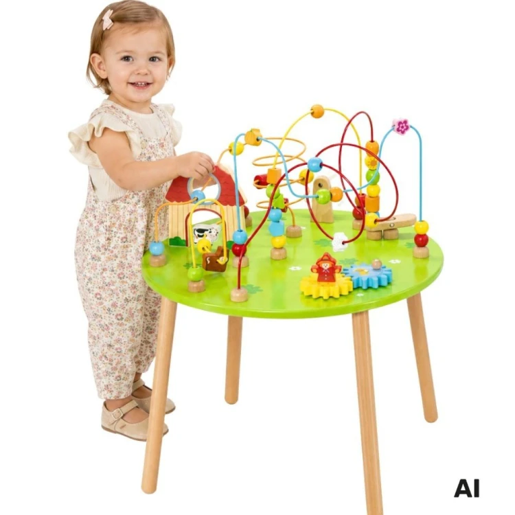 Drewniany stolik edukacyjny sensoryczny Viga Toys z kolorowymi elementami manipulacyjnymi i figurkami zwierzątek