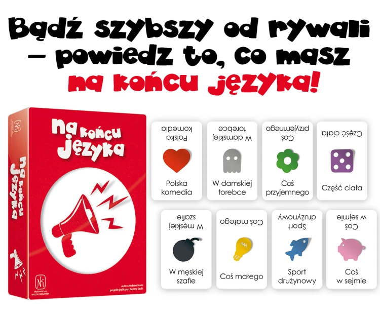 Zbliżenie na karty gry Na końcu języka — obrazki i kategorie do szybkich pojedynków