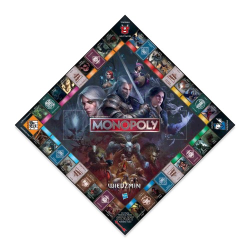 Detale pionków i kart w kolekcjonerskiej grze planszowej Monopoly Wiedźmin