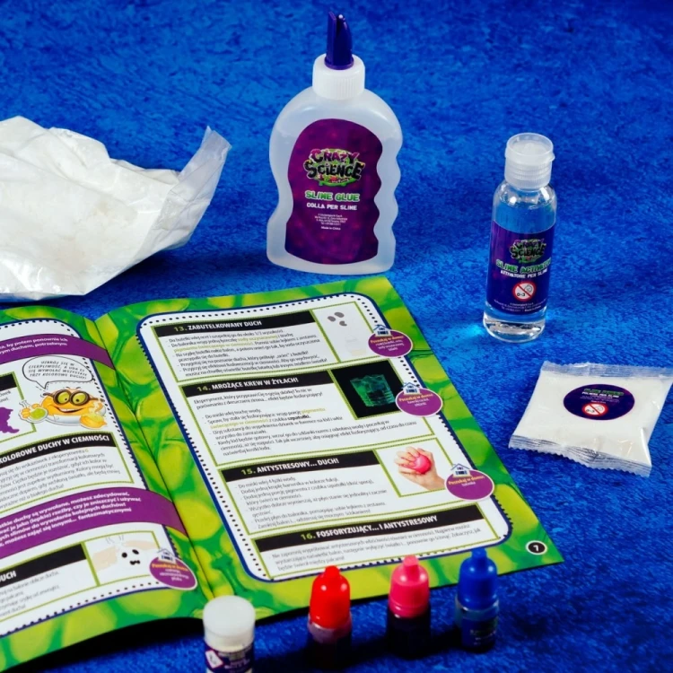 Instrukcja i elementy zestawu naukowego do slime Crazy Science Lisciani