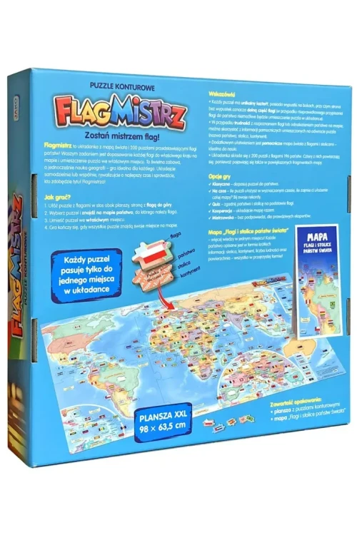 Zbliżenie na szczegóły puzzli Flagmistrz z informacjami o państwach i flagach marki JAKO