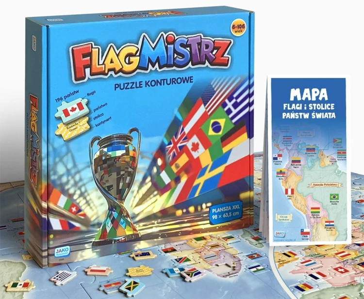 Widok ułożonej mapy świata z puzzli konturowych Flagmistrz z flagami i stolicami