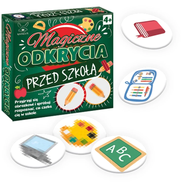 Karty z gry Magiczne Odkrycia Przed Szkołą KANGUR pokazujące sytuacje szkolne i zasady zachowania