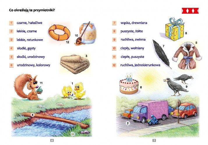 Szczegółowa ilustracja z książeczki PUS Jaki? Jaka? Jakie? Przymiotnik 1 pokazująca ćwiczenia z gramatyki języka polskiego