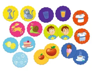 Ilustracje i plansze gry edukacyjnej Trefl ABC Malucha Przeciwieństwa do nauki pojęć przeciwstawnych