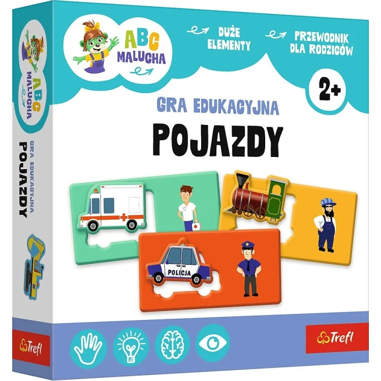 Zbliżenie na elementy edukacyjnej gry ABC Malucha. Pojazdy Trefl PAP – ilustracje pojazdów i ich kierowców