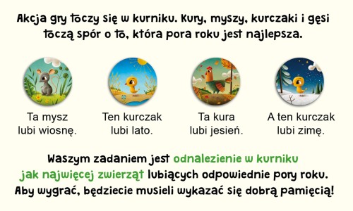 Elementy gry Kurnik 2. Cztery pory roku - karty ze zwierzętami i plansza