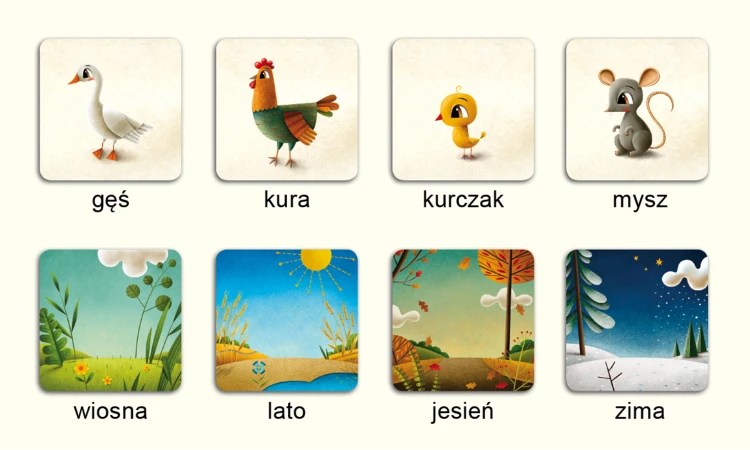 Ilustracje zwierząt i plansza gry Kurnik 2. Cztery pory roku wydawnictwa NASZA KSIĘGARNIA
