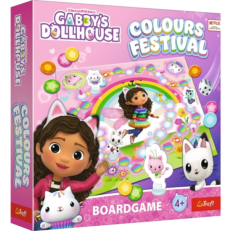 Plansza i pionki gry planszowej Colours Festival. Koci Domek Gabi od Trefl PAP