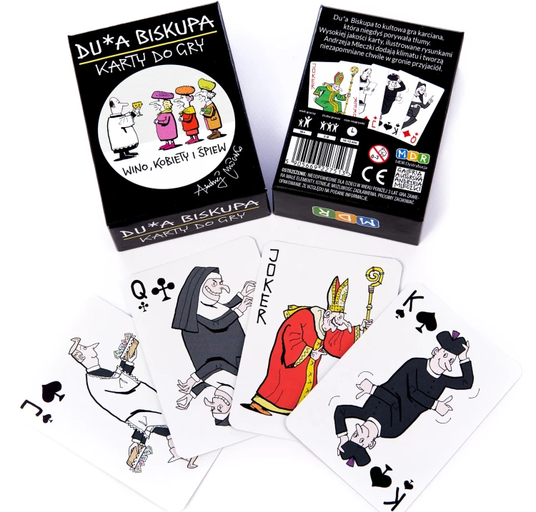 Karty do gry Dupa Biskupa formatu 95x70 mm z humorystycznymi ilustracjami