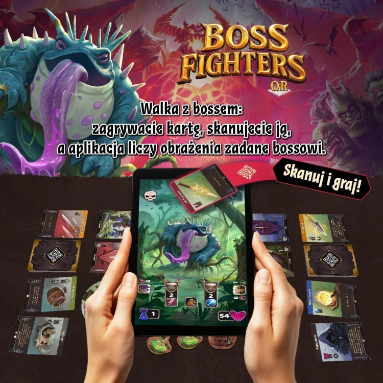 Widok kart i elementów gry Boss Fighters QR NASZA KSIĘGARNIA
