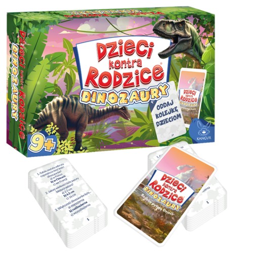 Dzieci kontra Rodzice. Dinozaury – gra quizowa KANGUR, pudełko i elementy gry