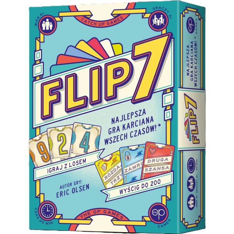 Flip 7 gra karciana REBEL – widok kart i planszy do gry na białym tle