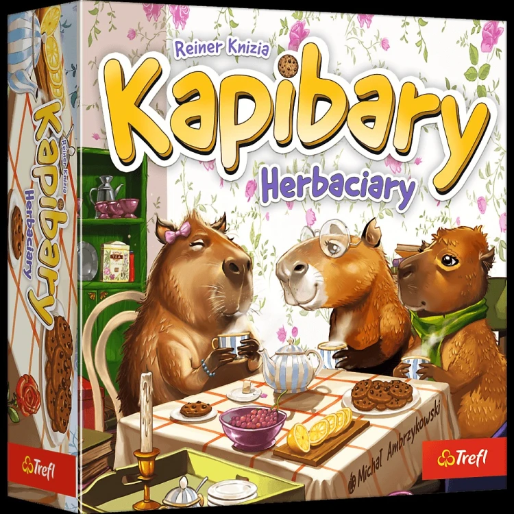 Zbliżenie na karty i elementy gry Kapibary Herbaciary od Trefl PAP