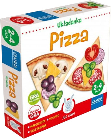 Zbliżenie na elementy składników układanki Pizza GRANNA - ser, salami, warzywa