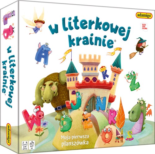 Plansza do gry edukacyjnej W literkowej krainie marki ADAMIGO z kolorowymi elementami i pionkami