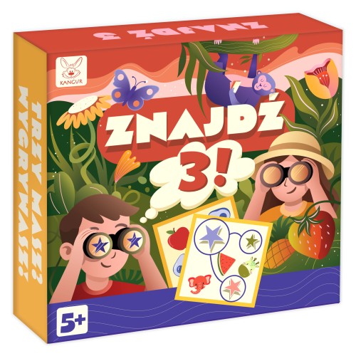 Ilustracje kart z gry Znajdź 3! przedstawiające zwierzęta i przedmioty