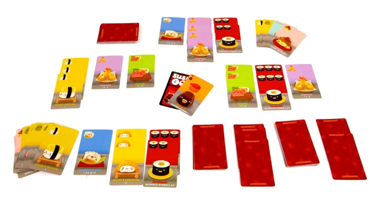 Widok kart gry Sushi Go! REBEL z różnorodnymi elementami sushi i deserami