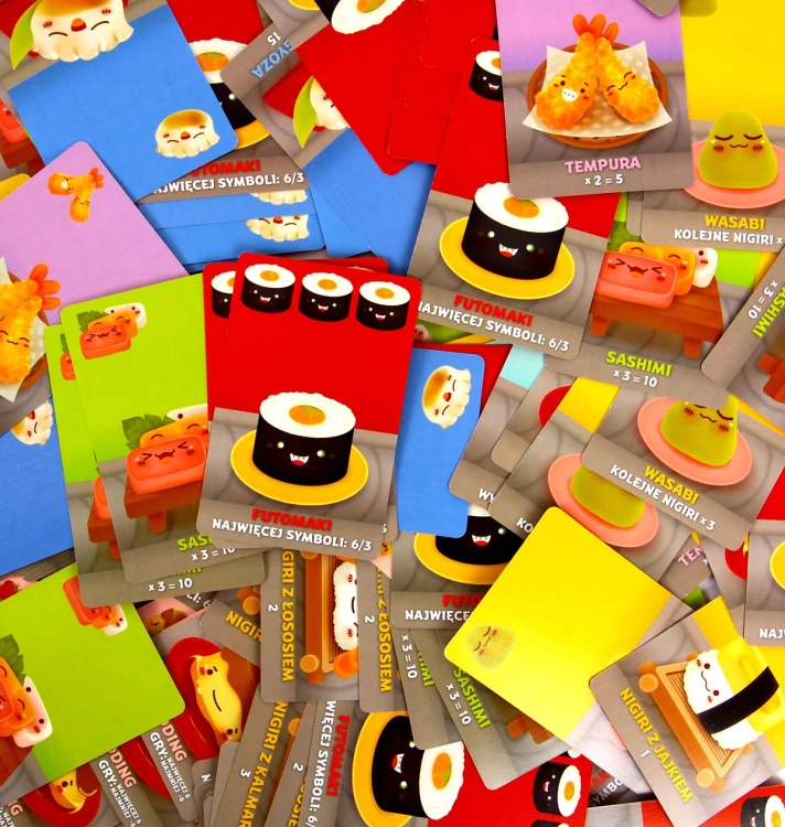 Detale kart Sushi Go! REBEL z ilustracjami Nigiri, Wasabi i Puddingiem