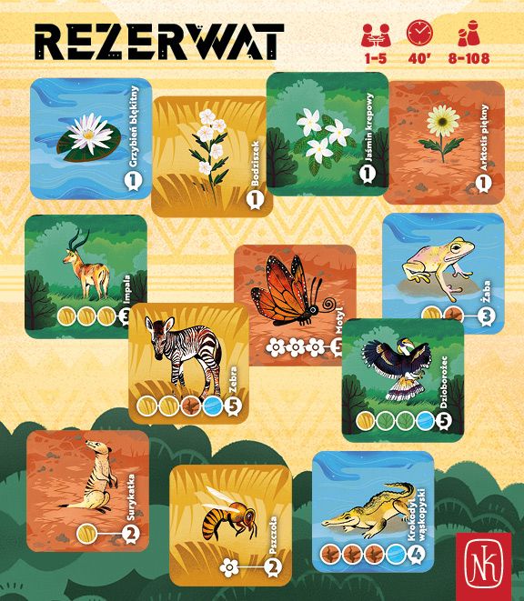 Pudełko i elementy gry Rezerwat NASZA KSIĘGARNIA - edukacyjna gra planszowa o zwierzętach