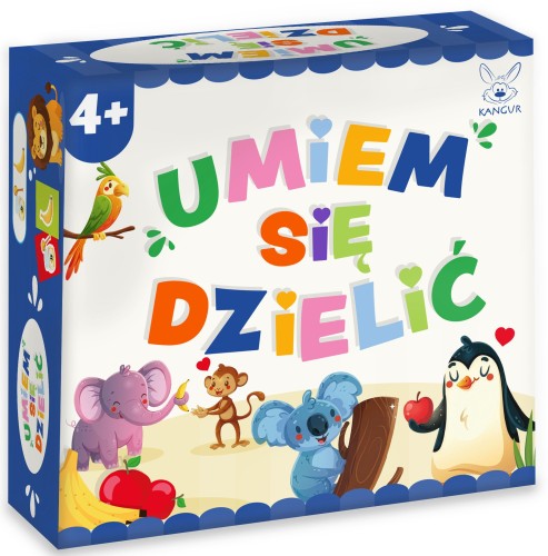 Zbliżenie na karty i figurki zwierzątek z gry edukacyjnej Umiem się dzielić KANGUR