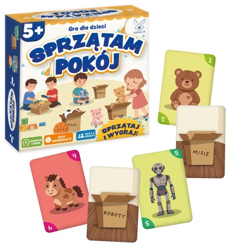 Gra karciana Sprzątam Pokój KANGUR o wymiarach 110x110 mm - pudełko i karty w zestawie
