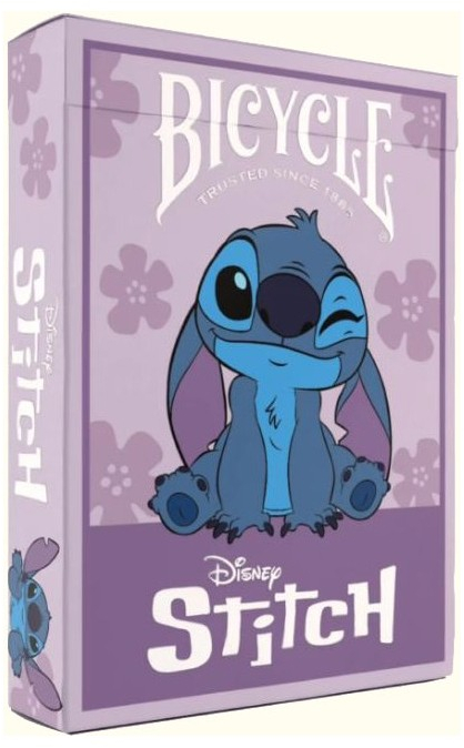 Zbliżenie na grafikę talii kart Disney Stitch Purple – postać Sticha w fioletowej wersji