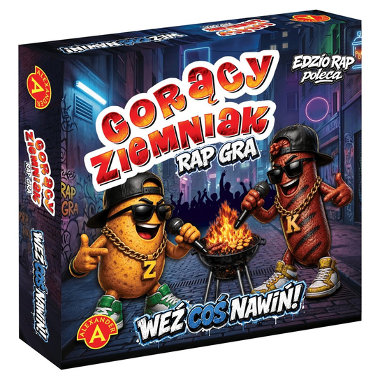 Szczegóły planszy i elementów gry Gorący Ziemniak Rap ALEXANDER GRY, widok z góry