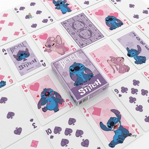 Widok pudełka talii kart Disney Stitch Purple z tłoczoną i lakierowaną grafiką Sticha