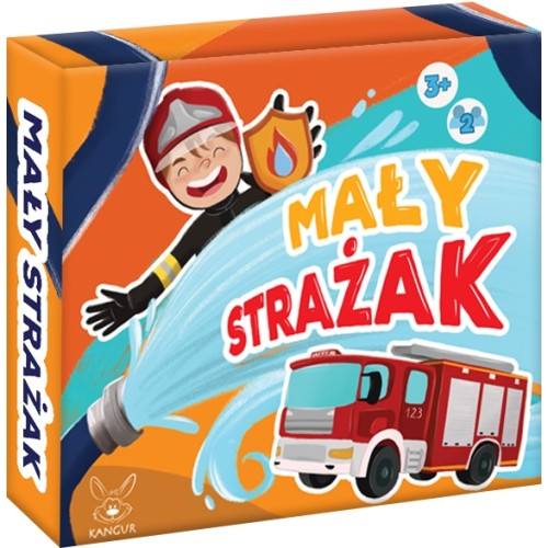 Elementy gry Mały Strażak: kostka, pionki i żetony odznak strażaka