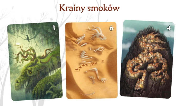 Widok kart do gry Smoki przedstawiających fantastyczne krainy i smoki