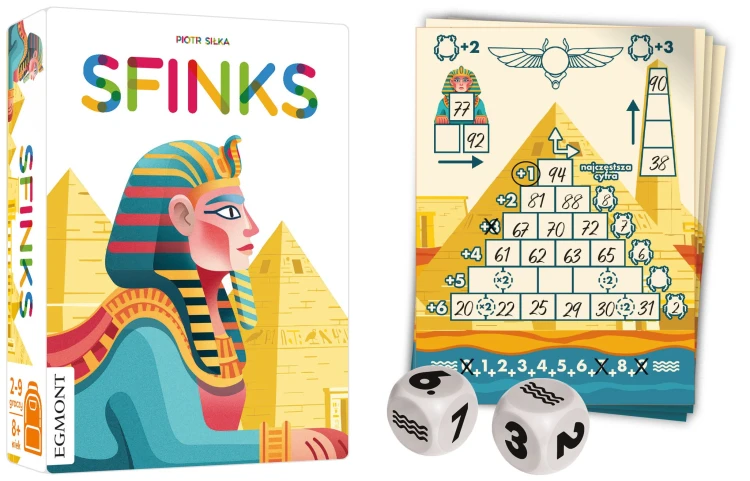 Sfinks – matematyczna gra kościana Egmont PAP, widok planszy i kostek
