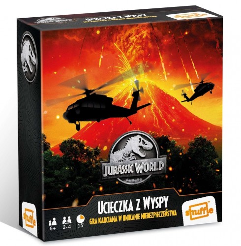 Elementy gry Jurassic World: Ucieczka z Wyspy — karty i pionki z dinozaurami Cartamundi