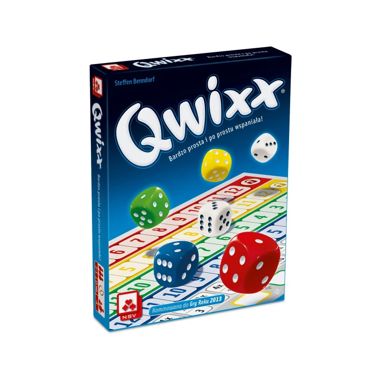 Gra kościana Qwixx NSV w pudełku o wymiarach 133x100 mm, widok opakowania i elementów gry