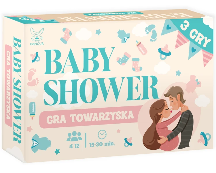 Karty z zadaniami i hasłami z zestawu Baby Shower KANGUR do wspólnej zabawy na przyjęciu.