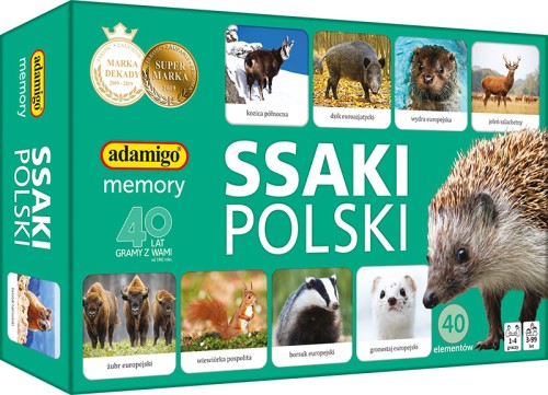 Ssaki Polski Memory ADAMIGO – zestaw kart do gry pamięciowej z polskimi ssakami, widok planszy i kart