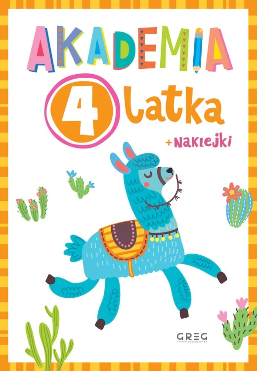 Okładka książeczki edukacyjnej Akademia 4-latka wydawnictwa GREG z kolorowymi ilustracjami i zadaniami dla dzieci