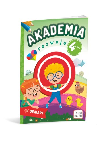 Okładka książeczki Akademia rozwoju 4-latka DEMART z kolorowymi ilustracjami i ćwiczeniami dla dzieci