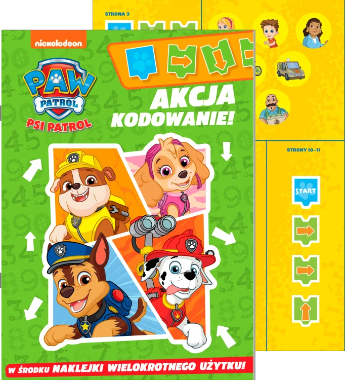 Okładka książki Psi Patrol Nauka kodowania część 1 z naklejkami wielokrotnego użytku od Media Service Zawada