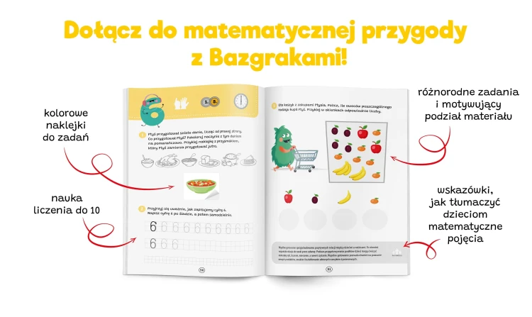 Strony książki Bazgraki poznają matematykę z zadaniami na liczenie i poznawanie kształtów Kapitan Nauka