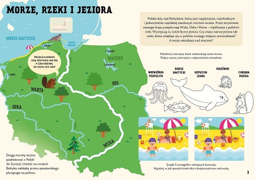 Kolorowe strony atlasu z mapami i zadaniami dla dzieci w wieku przedszkolnym