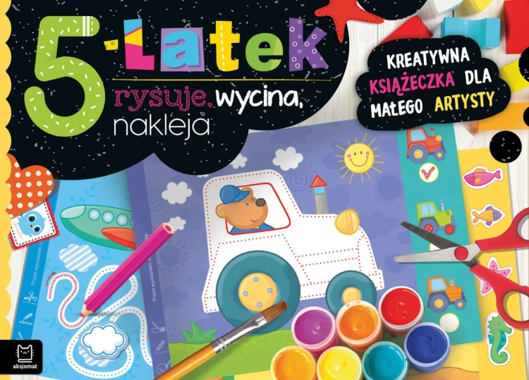Okładka kreatywnej książeczki AKSJOMAT z ćwiczeniami manualnymi dla dzieci 5+, format 205x285x1 mm