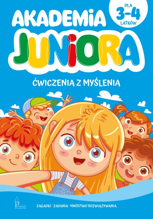 Okładka książki Akademia Juniora Pumilio z zadaniami i łamigłówkami dla dzieci w wieku 3–4 lata