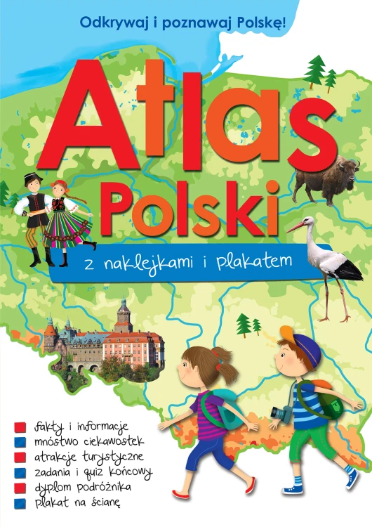 Edukacyjny atlas Polski z naklejkami i plakatem Wilga w formacie 295x210 mm z kolorowymi ilustracjami