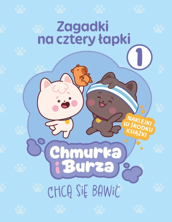 Okładka książki Zagadki na cztery łapki z Wydawnictwa Agora dla dzieci, przedstawiająca pieski Chmurkę i Burzę na tle ogrodu