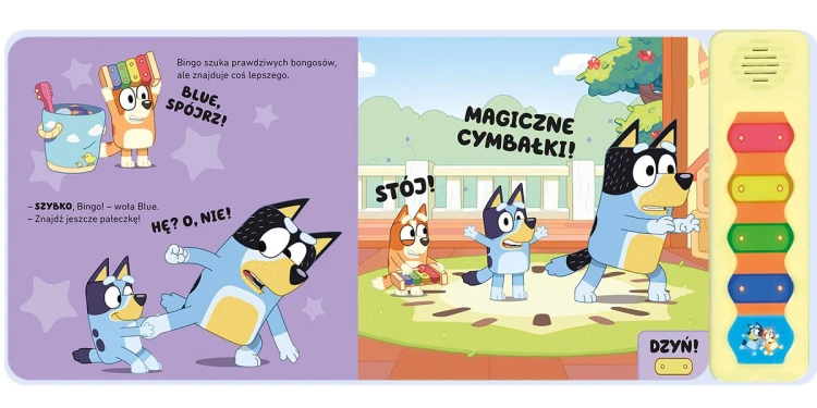 Ilustracja oraz tekst w książeczce dźwiękowej Bluey Magiczne cymbałki wydawnictwa HARPERKIDS