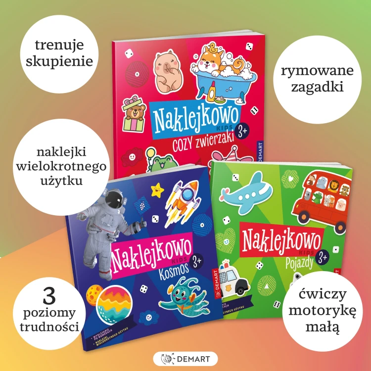 Ilustracja cozy zwierzaków do wyklejania w książeczce Naklejkowo Kids 3+ Cozy zwierzaki DEMART
